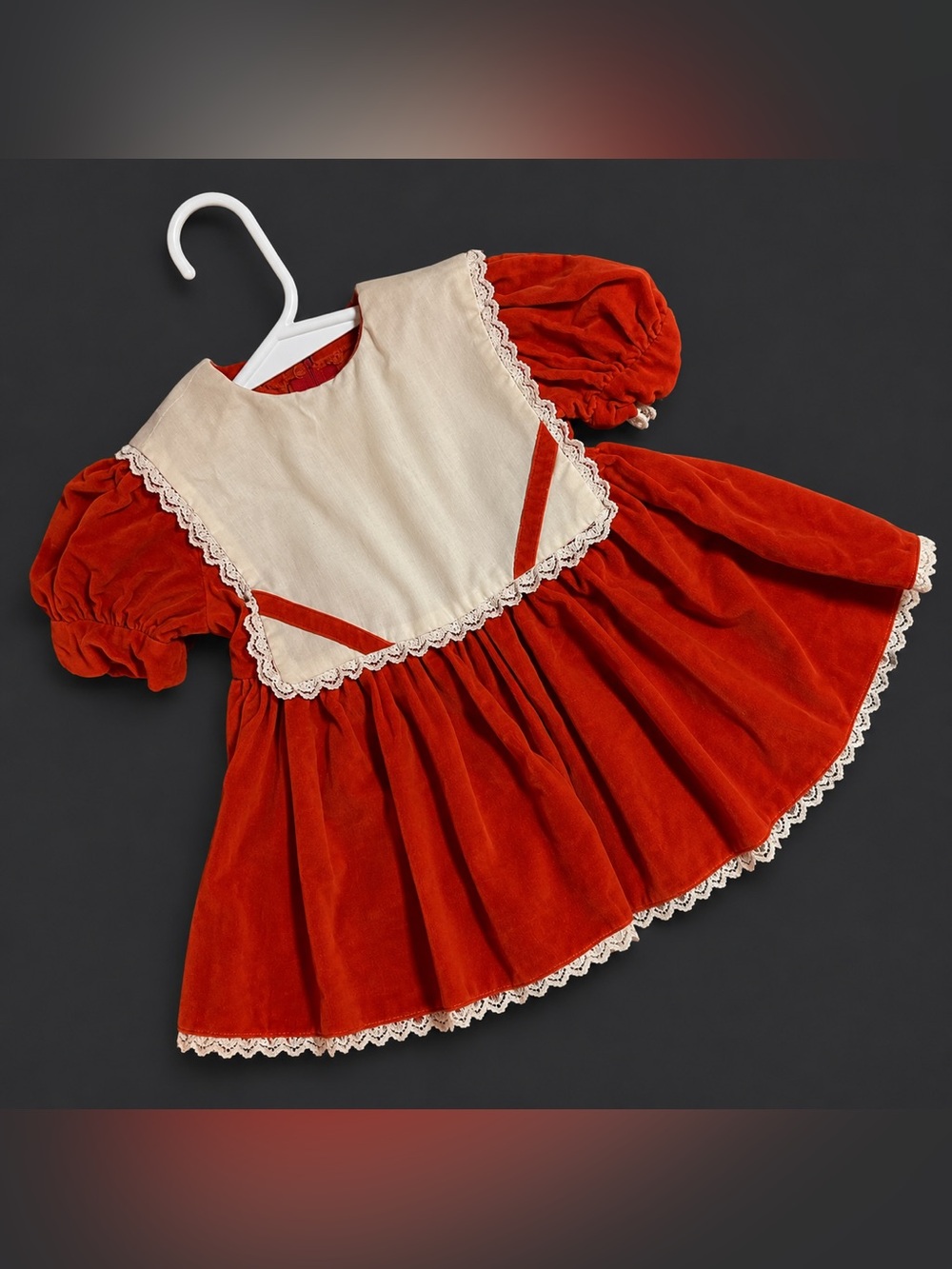 Vintage Orange Velvet Toddler Dress Lace Bib Puff Sleeves Cottagecore
